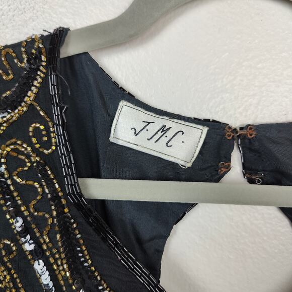 Vintage JMC Beaded Silk Dress Womens Medium Black Gold‎ Floral Embellished Shift - Picture 6 of 7